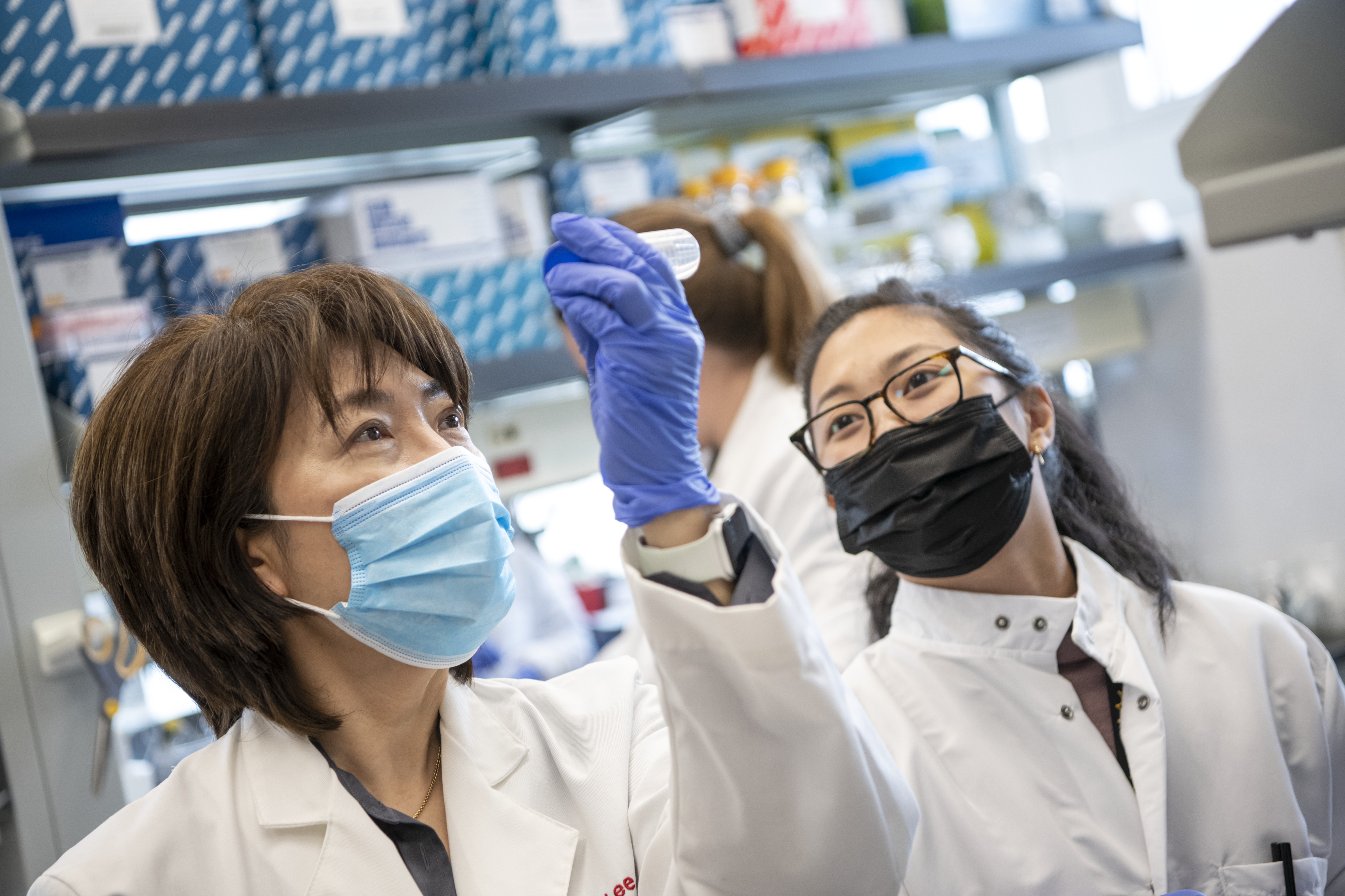 Professor Jiyoung Lee and graduate students in her water quality testing lab in the College of Public Health Cunz Hall