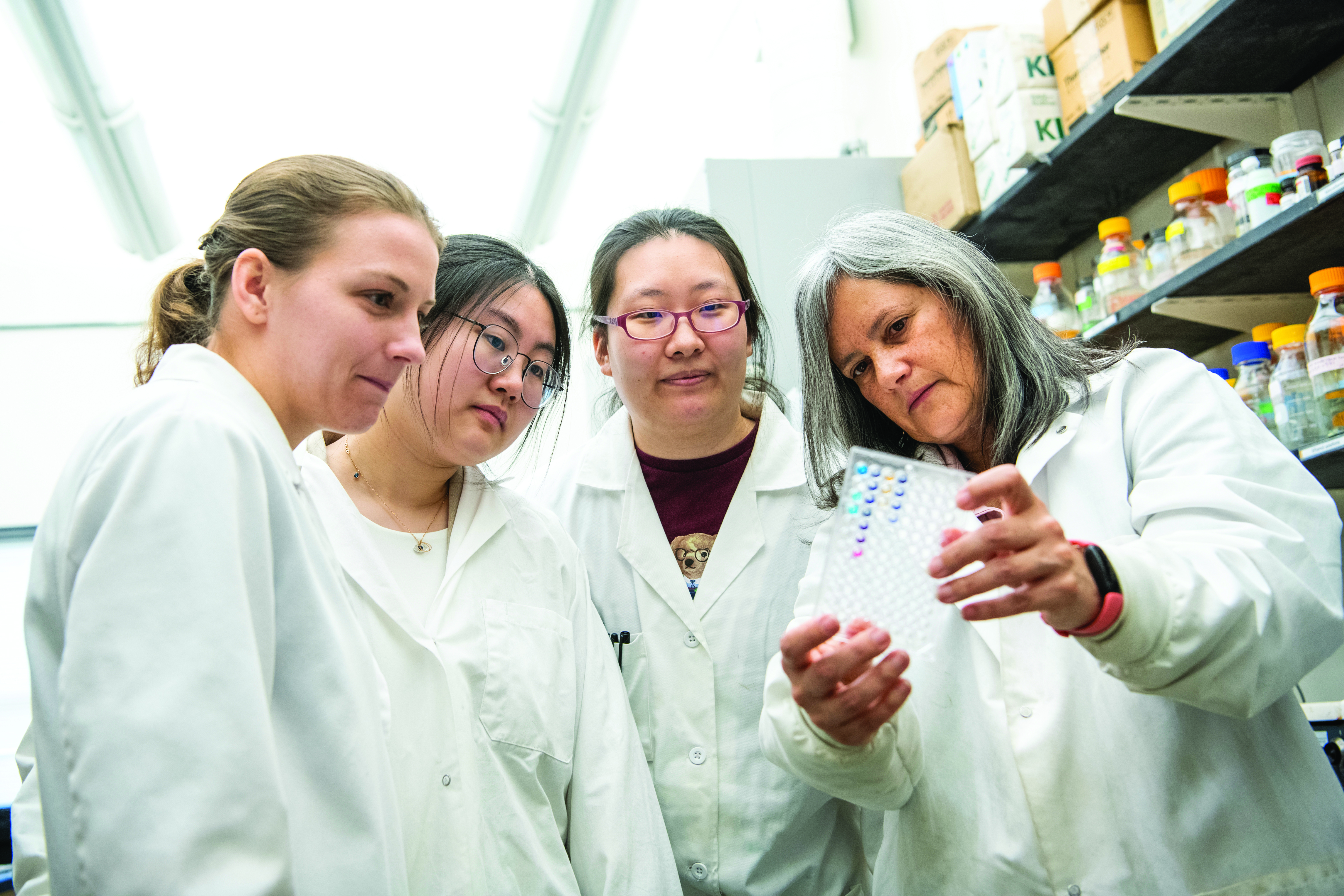 Monica Giusti, Distinguished Professor in Food Science and Technology within CFAES, in her lab with students, photographed for OSAM Summer 2023 story about faculty mentorship.