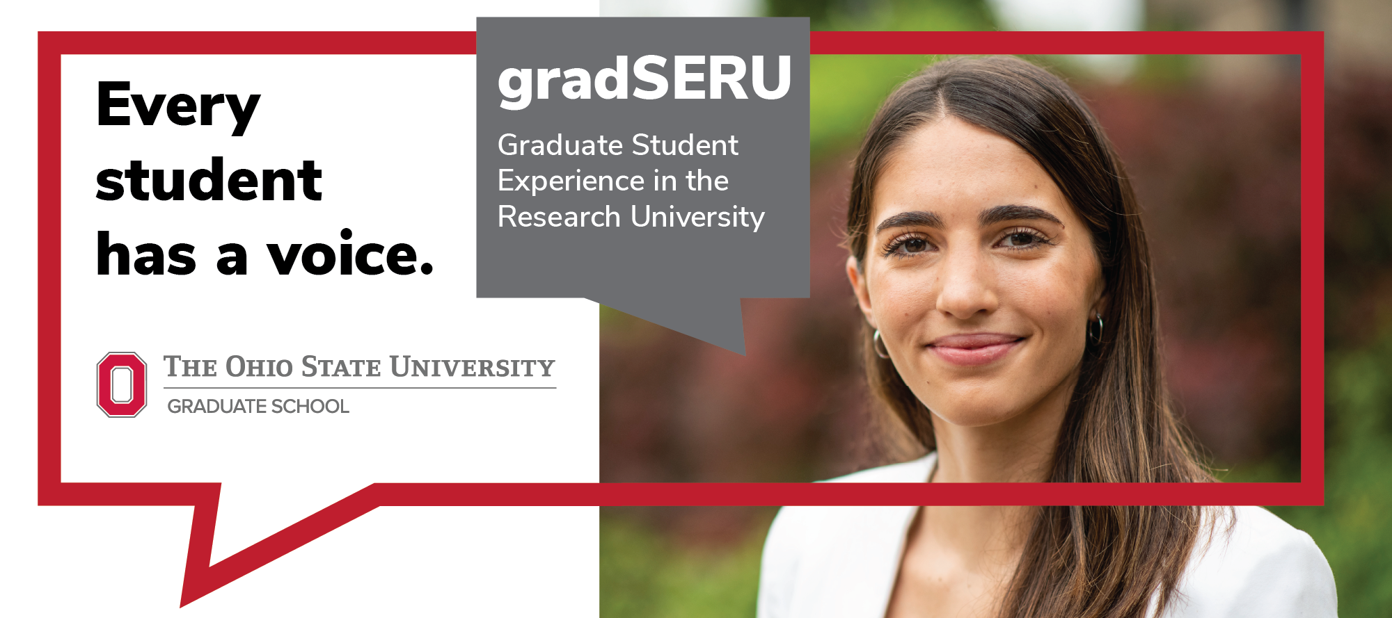 gradseru ad featuring a graduate student smiling along side the text Ever Student has a voice