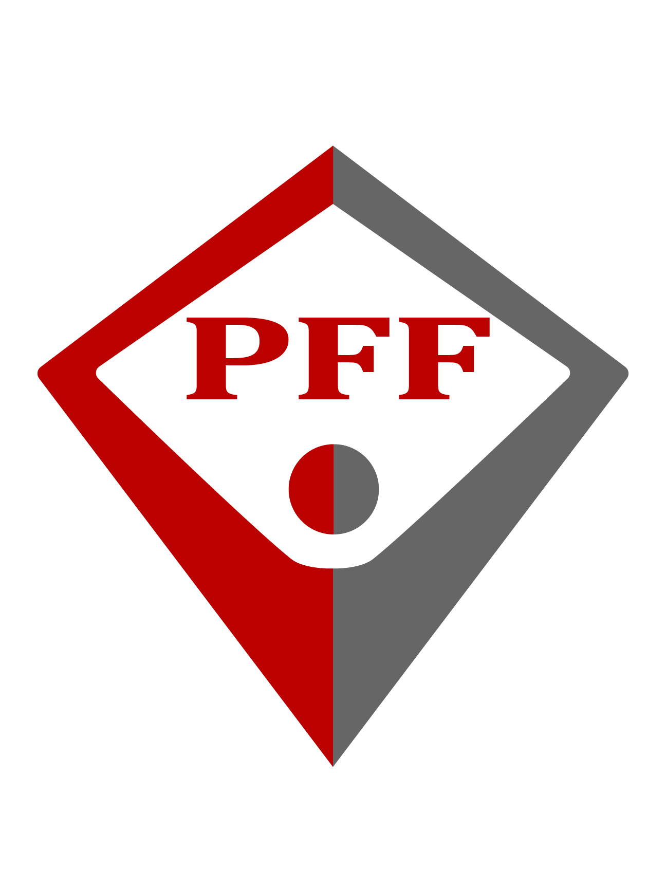 Triangular shaped icon resembling a person with their hands over their head with the letters PFF