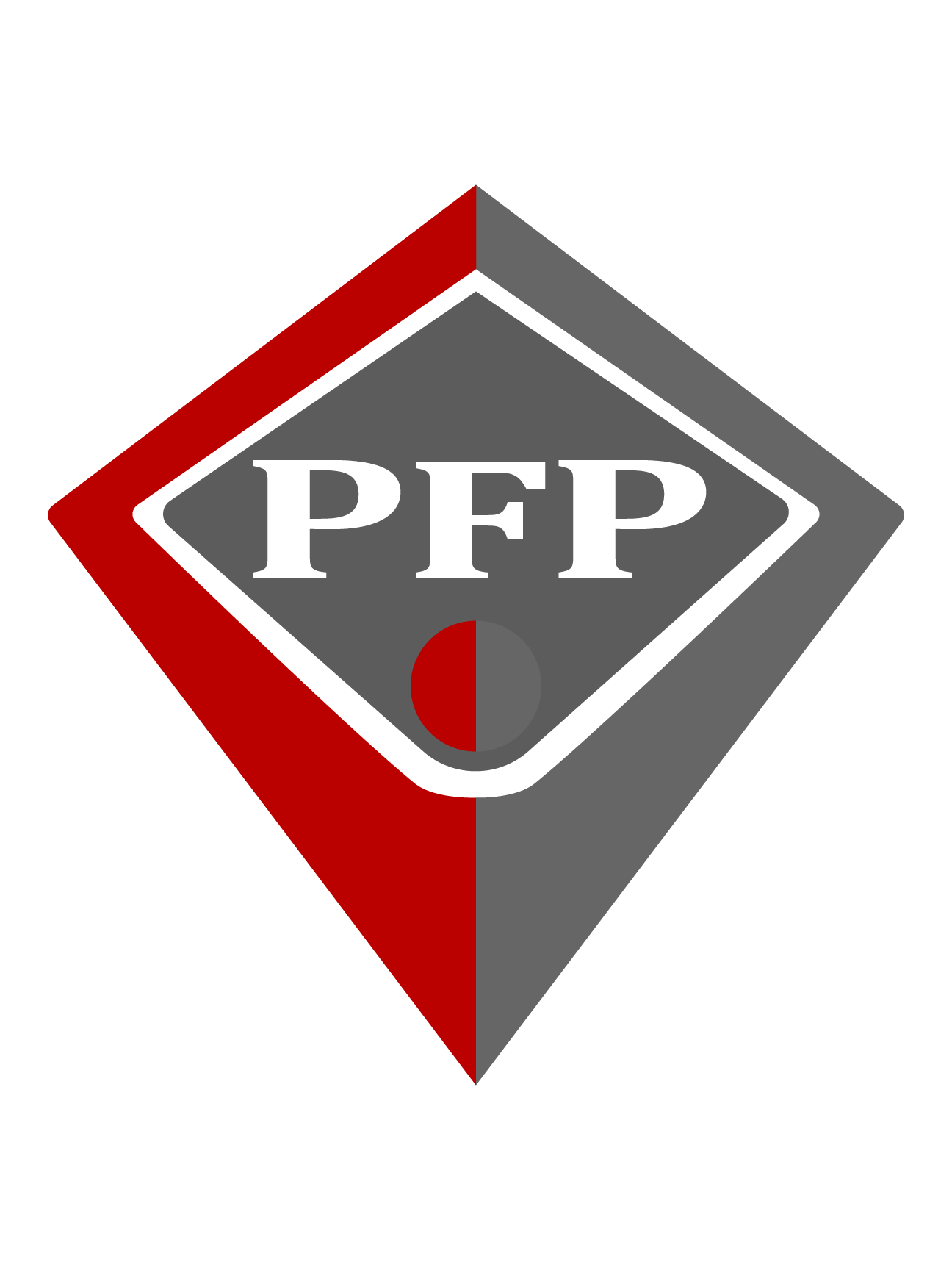 Triangular shaped icon resembling a person with their hands over their head with the letters PFP