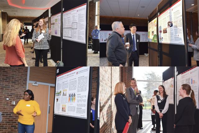 Top Left — Two students practicing their presentation at a poster competition. Top Right — A student and advisor discussing the poster competition while drinking coffee. Bottom Left — A grad student presenting her poster competition topic. Bottom Right — Two students discussing and laughing with two panelists during the poster competition.