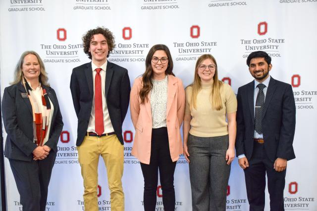 Mary Stromberger (l), vice provost for graduate education and dean of the Graduate School, is pictured with 3MT college finalists (l-r) Isaac Karel, College of Pharmacy; Mora Boatman, College of Optometry; Stephanie Almquist, College of Food, Agricultural, and Environmental Sciences; and Krutant Mehta, College of Engineering. Not pictured: René Castillo, College of Arts and Sciences.