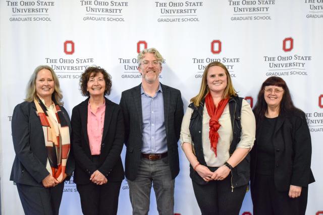 Mary Stromberger (l), vice provost for graduate education and dean of the Graduate School, and Karin Jordan (r), assistant dean of graduate student development and engagement, are pictured with 3MT Selection Committee members (l-r) Ellen Patricia, director, Office of Responsible Research Practices, Enterprise for Research, Innovation and Knowledge; Joe Walter, human resource manager, Nestlé Quality Assurance Center; and C. Tory Harper Hogan,  assistant professor, Health Service Management and Policy, Colleg