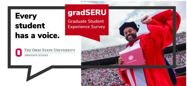 2025 gradSERU graphic with doctoral student in gown at Ohio State Commencement