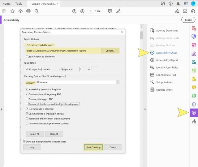 Screenshot of the Adobe Acrobat Accessibility Checker. Highlighted areas are marked to show the location of the accessibility panel, the accessibility checker, settings for generating a report, and settings categories location for setting up the various items to check described above.