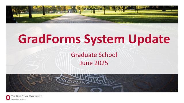 Powerpoint Slide with Gradforms System Update text on a picture of the oval
