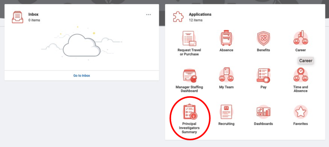 Workday landing page; “Principal Investigators Summary” application highlighted.