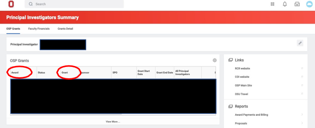 Principal Investigators Summary page in Workday; “Award” and “Grant” columns of OSP Grants table highlighted.