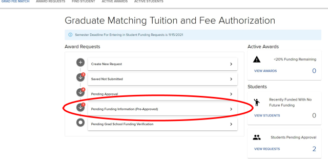 Grad Fee Match tab; Heading: Graduate Matching Tuition and Fee Authorization System; “Pending Funding Information (Pre-Approved)” button highlighted.