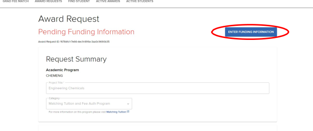 Award Requests tab; Heading: Award Request; “Enter Funding Information” button highlighted.