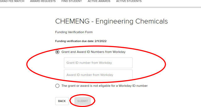 Award Funding Verification page; Heading: Award Title; “Grant and Award ID Numbers from Workday” fields and “Submit” button highlighted.