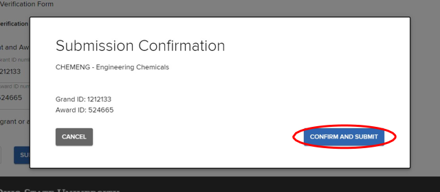 Submission Confirmation page; Heading: Submission Confirmation; “Confirm and Submit” button highlighted.