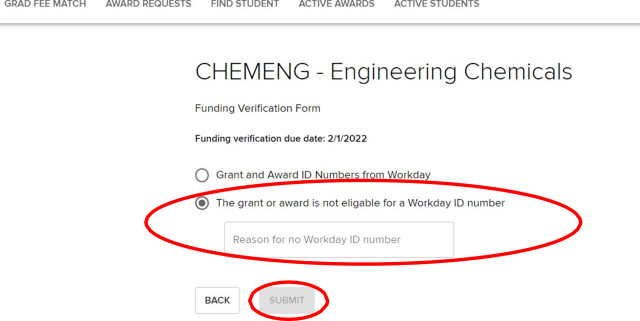 ward Funding Verification page; Heading: Award Title; “The grant or award is not eligible in Workday” field, “Reason” field, and “Submit” button highlighted.