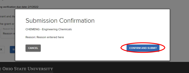 Submission Confirmation page; Heading: Submission Confirmation; “Confirm and Submit” button highlighted.