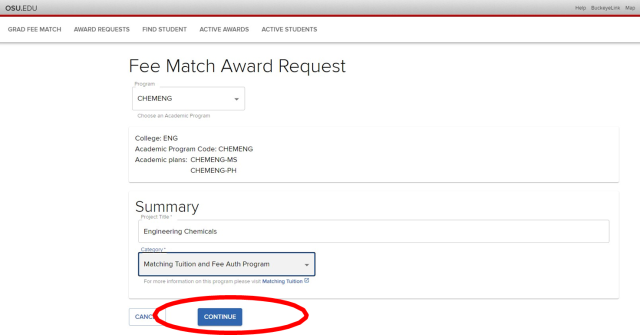 Screenshot of “Fee Match Award Request” page; “Continue” button highlighted.