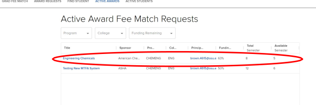 Award Requests page; Heading: Award Fee Match Requests; Relevant award in list highlighted.