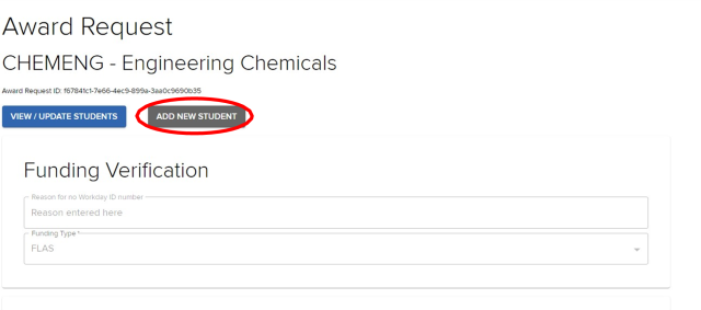 Award Request page; Heading: Award Title; “Add New Student” button highlighted.