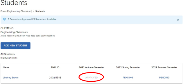 Students page; Heading: Students. “Approved” under “2022 Autumn Semester” is highlighted.