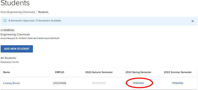 Students page; Heading: Students. “Pending” under “2022 Spring Semester” is highlighted.