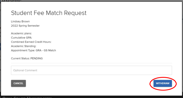 Student Fee Match Request page; Heading: Student Fee Match Request. “Withdraw” is highlighted.