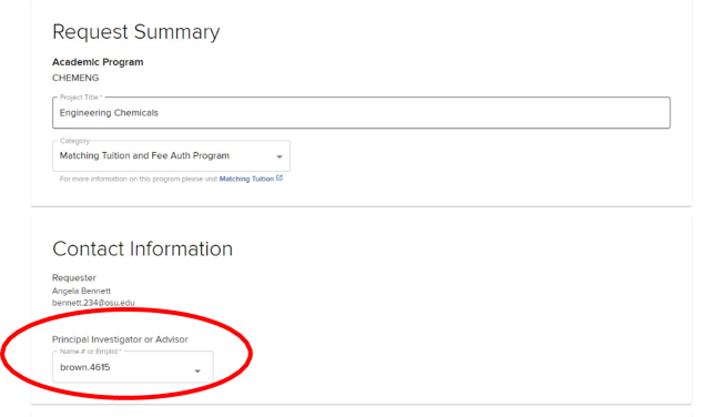 Screenshot of “Request Summary” page; Principal Investigator or Advisor field highlighted