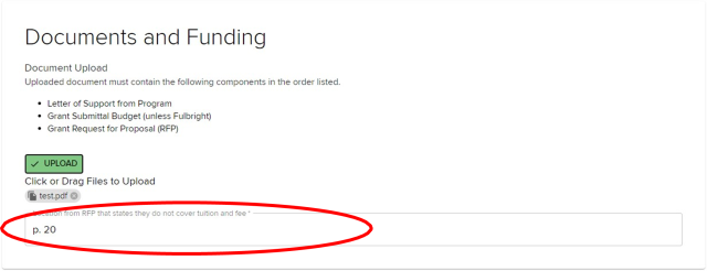 Screenshot of “Documents and Funding” section. “Location from RFP that states they do not cover tuition and fees” highlighted.