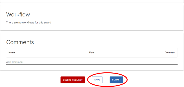 Bottom of Pre-Approval Request page. “Save” and “Submit” buttons highlighted.