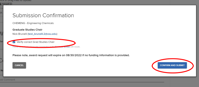 “Submission Confirmation” page. “Verify correct Grad Studies Chair” checkbox and “Confirm and Submit” button are highlighted.