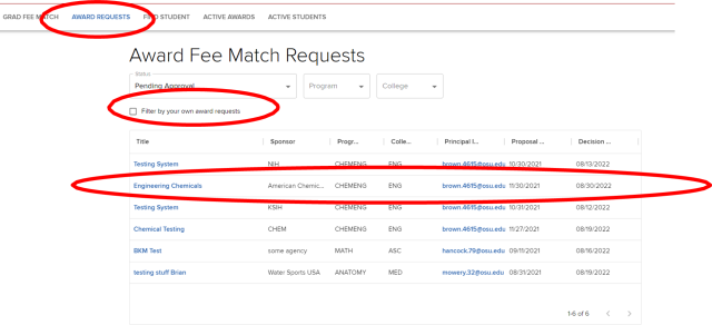 “Award Requests” Tab. Heading: Award Fee Match Requests. “Award Requests” tab, “Filter by your own award requests” checkbox, and relevant pre-approval request are highlighted.