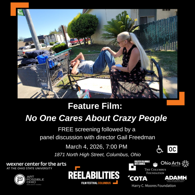 ReelAbvilities flier for film title, date, and location featuring image of woman helping a homeless person with severe mental illness