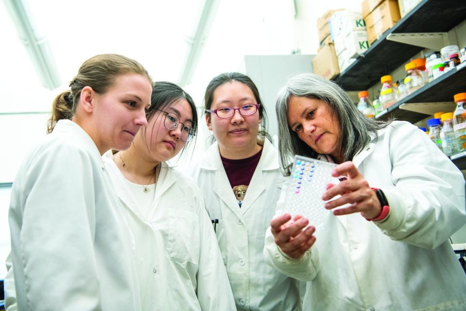 Monica Giusti, Distinguished Professor in Food Science and Technology within CFAES, in her lab with students, photographed for OSAM Summer 2023 story about faculty mentorship.