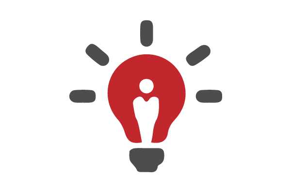 graphic figure inside of a light bulb in red and grey