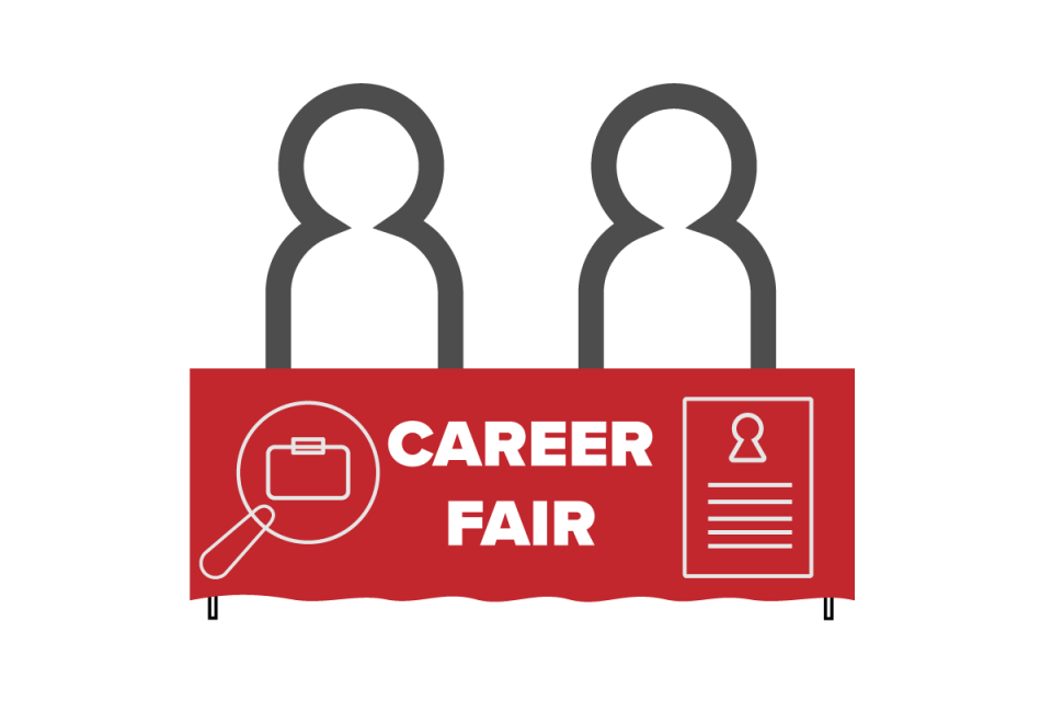 Career fair Icon two graphic figures behind a table