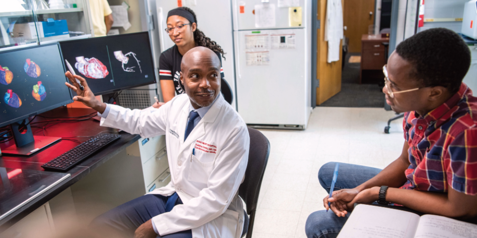Doctor speaking with students and pointing to images on computer screen