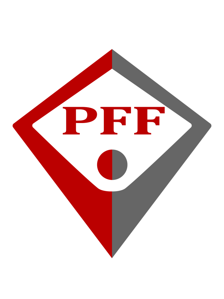 Triangular shaped icon resembling a person with their hands over their head with the letters PFF