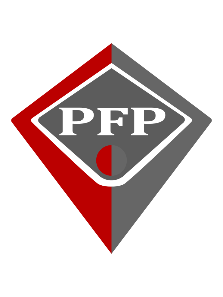 Triangular shaped icon resembling a person with their hands over their head with the letters PFP