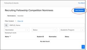 Screenshot of Recruiting Fellowship Competition Nominees Page showing Add Student button highlighted