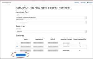 Screenshot of Add New Admit Student – Nominator page with Student Nomination button highlighted