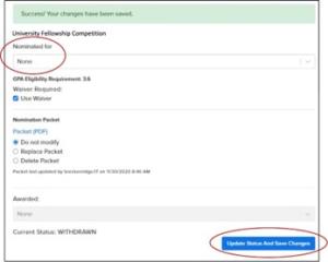 Screenshot Example of Withdrawn Nominee page with Update State and Save Changes button highlighted