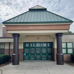 Hilltonia Middle School front doors with the word welcome