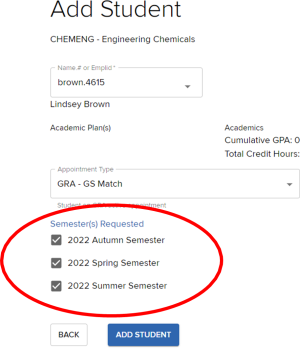 Add Student page; Heading: Add Student; “Semester(s) Requested” field highlighted.