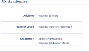 Screenshot of My Academics showing links for Address, Transfer Credits, and Graduation