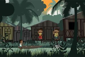 video game screenshot of a jungle landscape with three figures